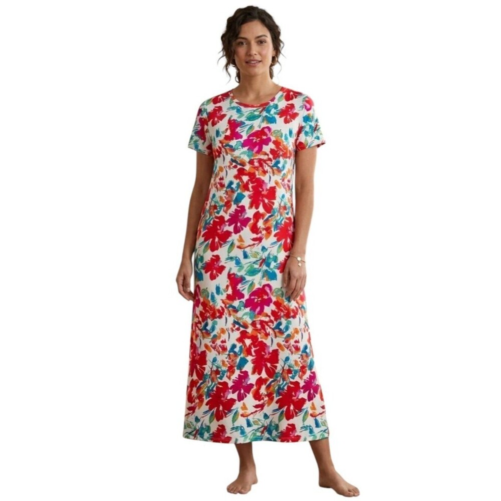 Naggoo Floral Maxi Dress Short Sleeve Resortwear Vacation Coastal Beach Size XL